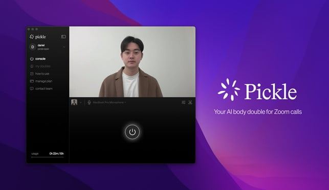 화상회의용 AI 클론 서비스 피클의 화면 캡처와 'Your AI body double for Zoom calls' 로고